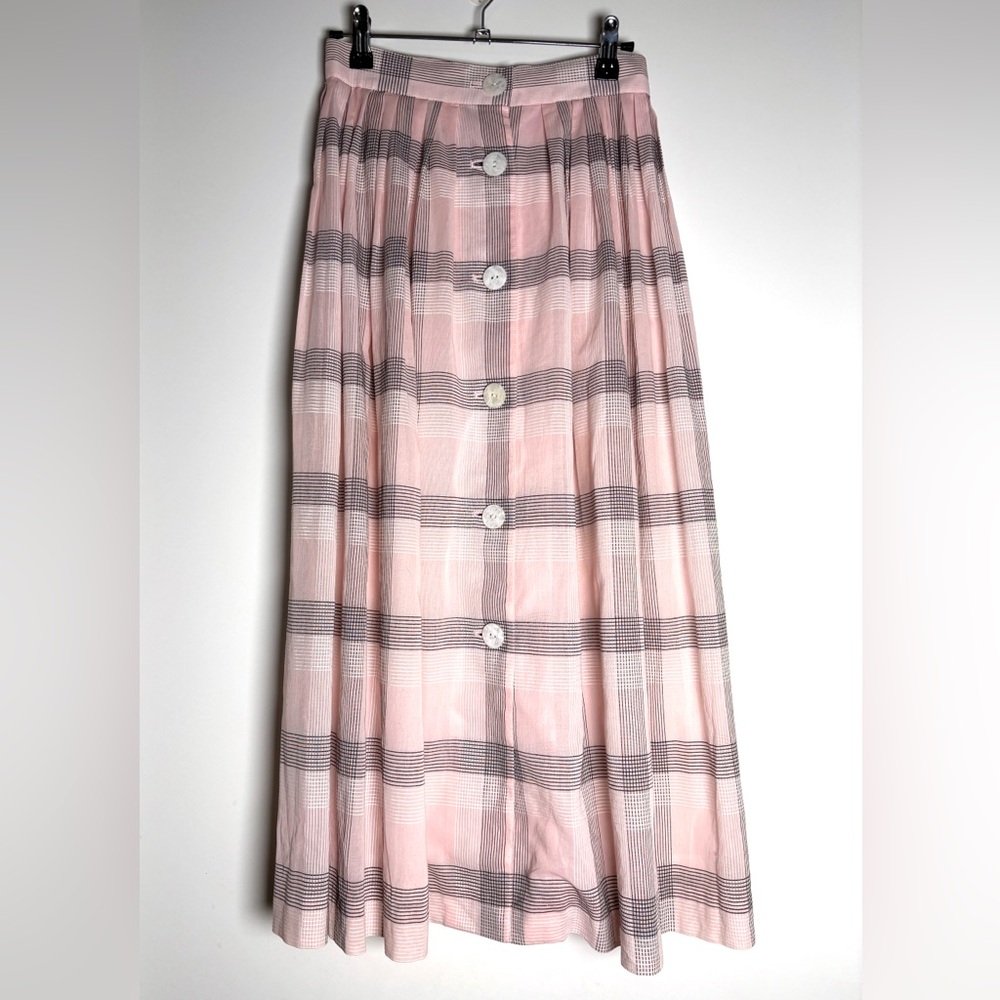 Vintage Chloé Pink Plaid Skirt – Cotton Midi – Button Front – French Cottagecore